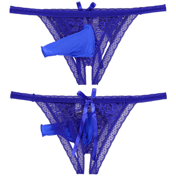 Male Low Rise Crotchless Lingerie / Lace Briefs Elastic Bulge Pouch / Open Butt Bowknot Underwear - EVE's SECRETS